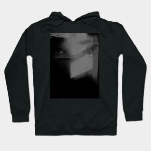 Digital collage, special processing. Abstract art. Eyes, overlay with light shapes. Beautiful. Grayscale. Hoodie